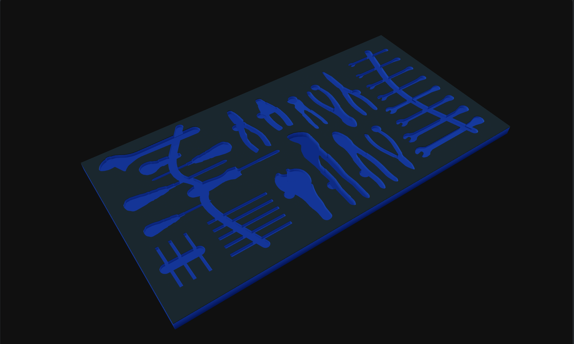 A 3D render of a foam drawer insert with a pocket machined for every tool.